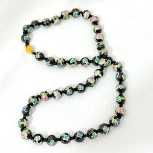 Vintage Hand Painted Black Porcelain Faux Cloisonne Knotted Necklace w/Box Clasp
